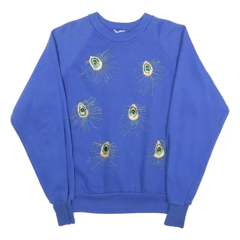 Womens Blue Crew Neck Sweatshirt S Cotton Blend Embroidered Peacock Feather 1