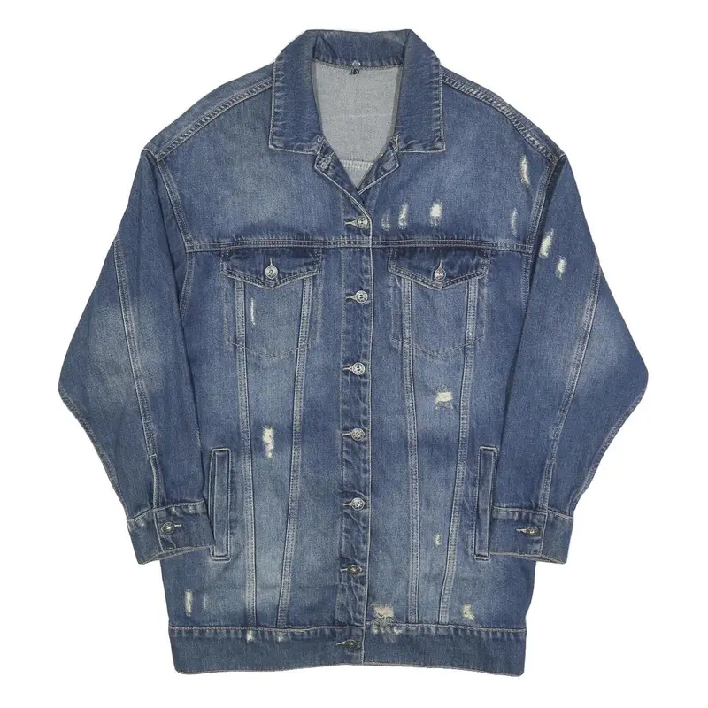 Womens Blue Denim Button Jacket L Cotton Blend Distressed Casual Outerwear 1