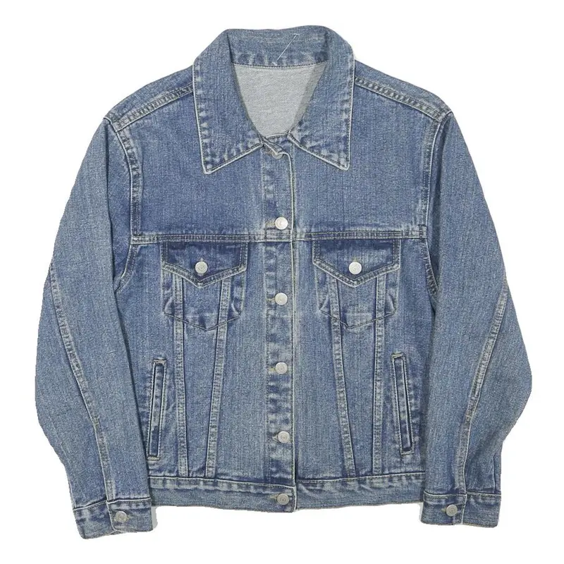 Womens Blue Denim Button Jacket S Cotton Blend Plain Classic Vintage Style 1