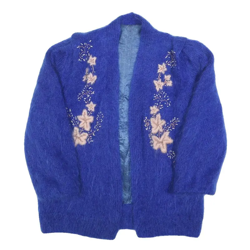 Womens Blue Floral Embroidered Knit Jacket M Mohair Blend Open Front Casual 1