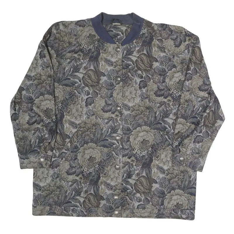 Womens Blue & Grey Floral Button Jacket Xl Polyester Blend Woven Bomber Style 1