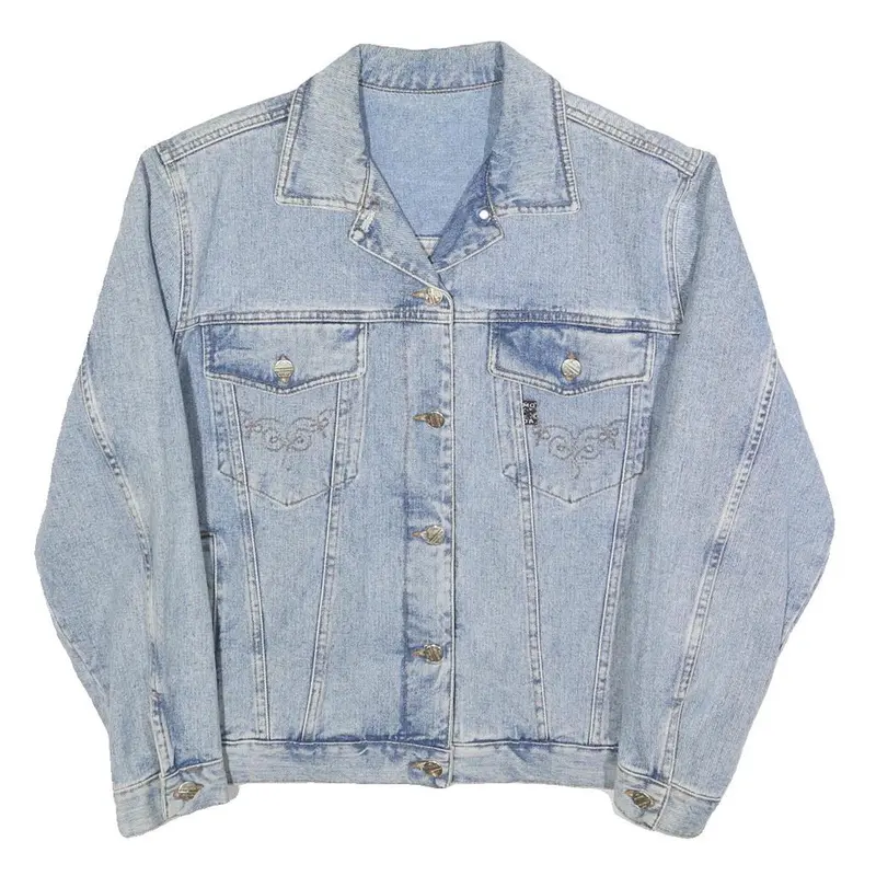 Womens Blue Light Wash Cotton Denim Button Jacket M Plain Casual Classic Fit 1
