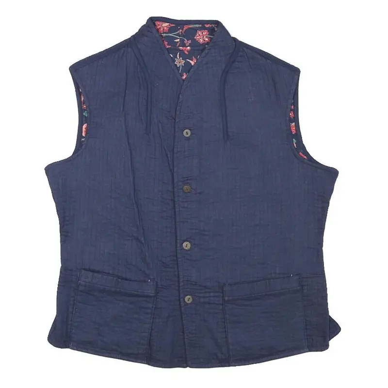 Womens Blue Quilted Cotton Blend Jacket Sleeveless Button Up Stand-Up Collar S 1