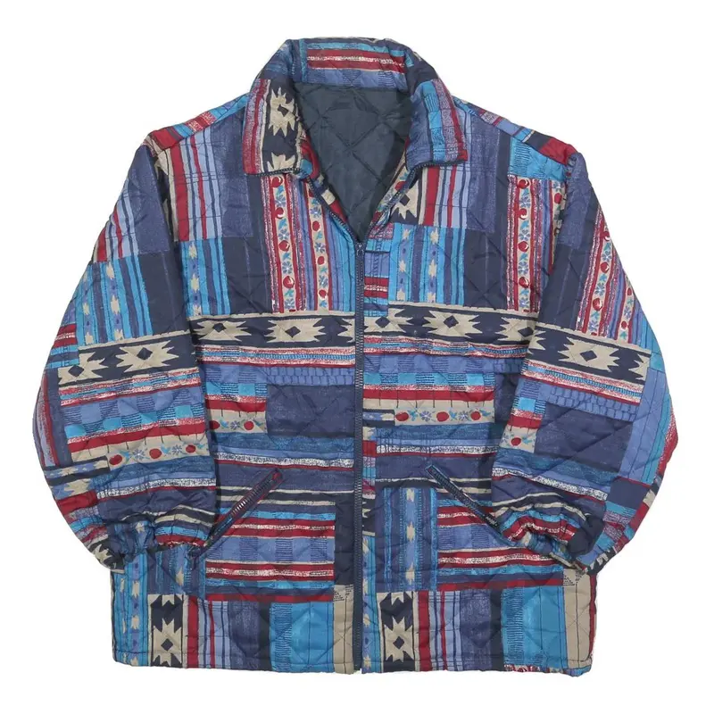 Womens Blue Red Patterned Classic Polyester Blend Quilted Jacket M Zip 1