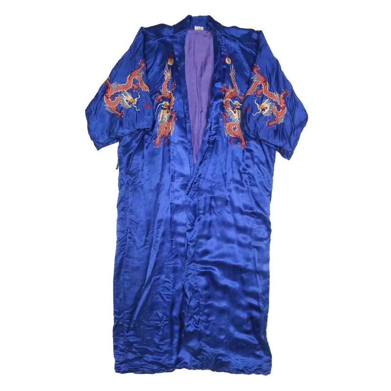 Womens Blue Silk Blend Jacket L Embroidered Dragon Plain Oriental Style 1
