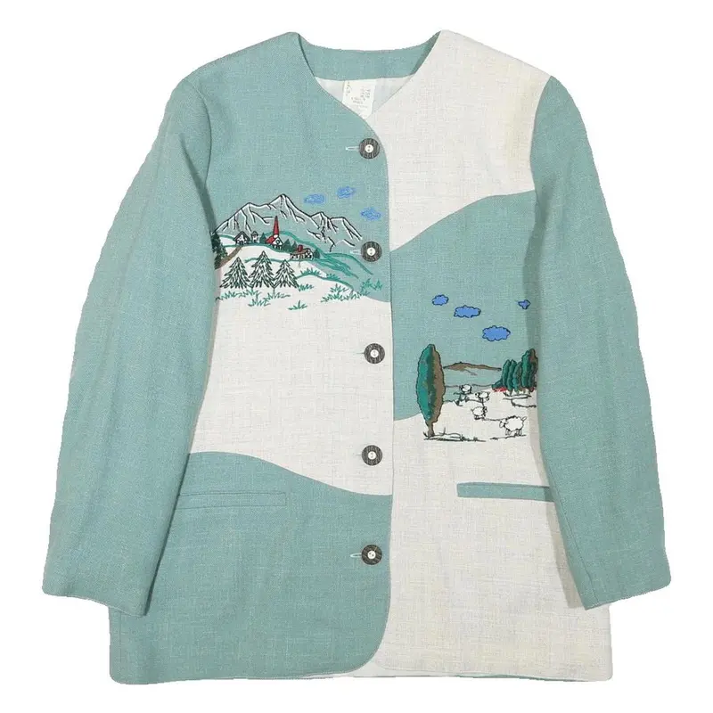 Womens Blue & White Embroidered Linen Blend Button Jacket M Plain Pastoral Scene 1