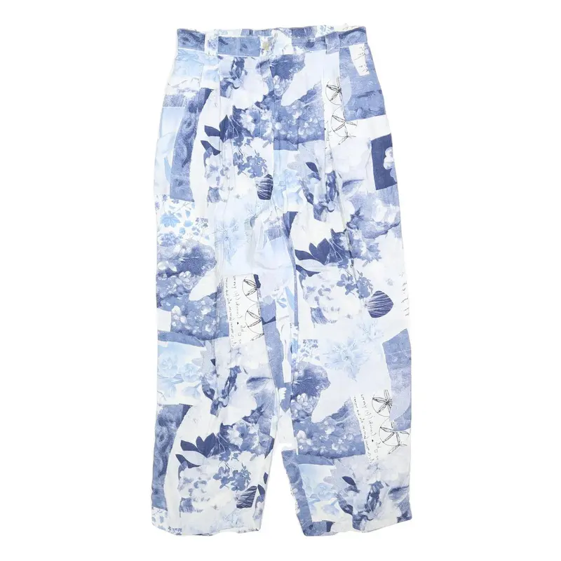 Womens Blue White Viscose Floral Print Regular Fit Trousers W28 L26 Zip Closure 1