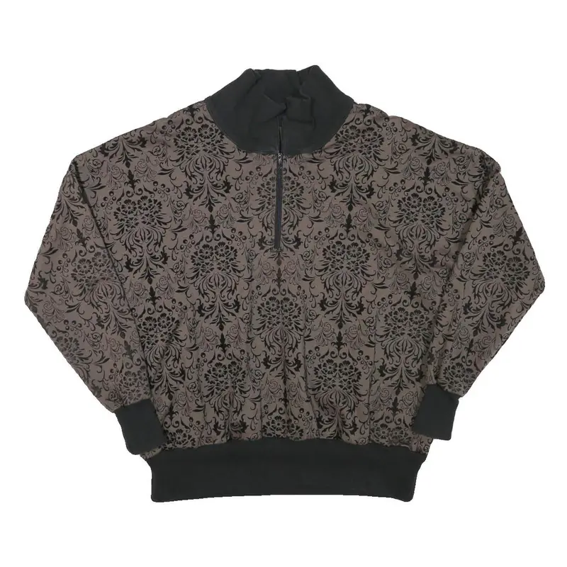 Womens Brown & Black Patterned Sweatshirt Collared L Zip Neck Pullover Casual 1