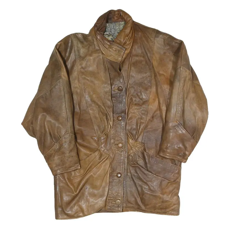 Womens Brown Button Jacket M Polyester Blend Plain Vintage Style Casual Wear 1