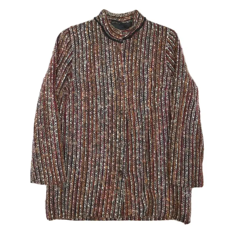 Womens Brown Button Jacket S Polyester Blend Striped Vintage Style Elegant 1
