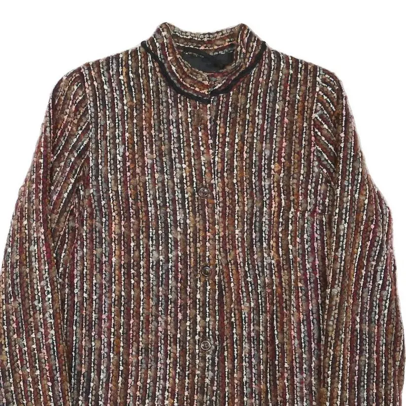 Womens Brown Button Jacket S Polyester Blend Striped Vintage Style Elegant 2