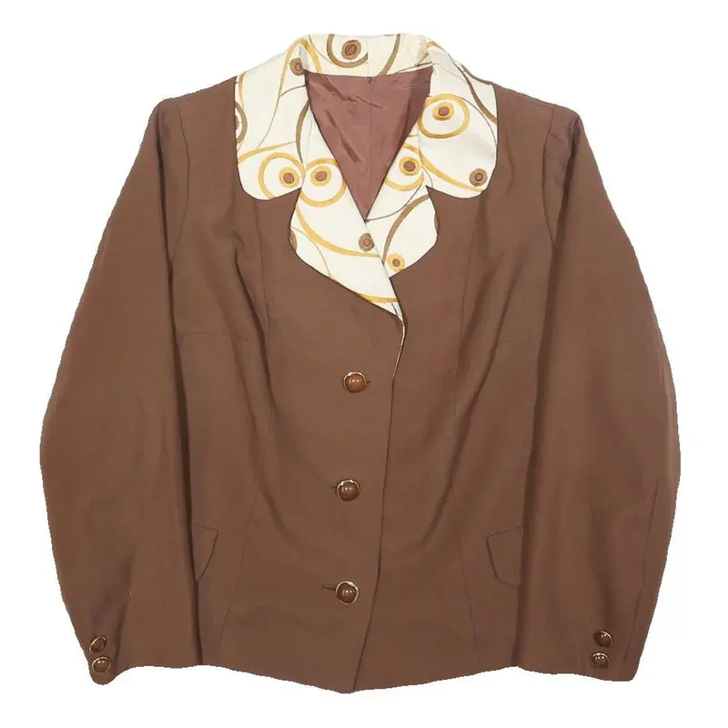 Womens Brown Cream Patterned Collar Button Jacket L Woven Classic Tailored 1