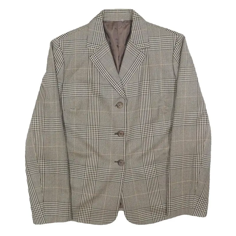Womens Brown Grey Wool Blend Checked Button Jacket L Woven Classic Tailored 1
