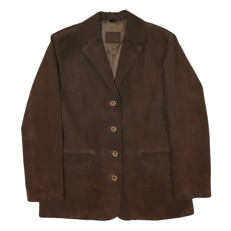 Womens Brown Leather Button Jacket Uk 16 Regular Fit Classic Tailored Plain 1