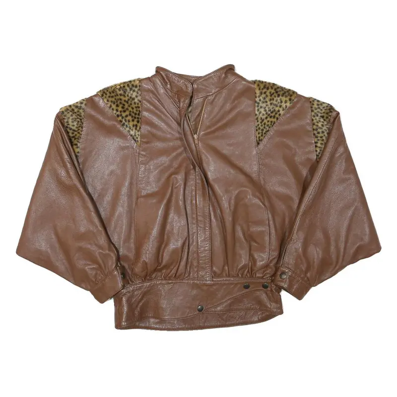 Womens Brown Leather Leopard Print Panel Zip Bomber Jacket S Soft Comfortable 1