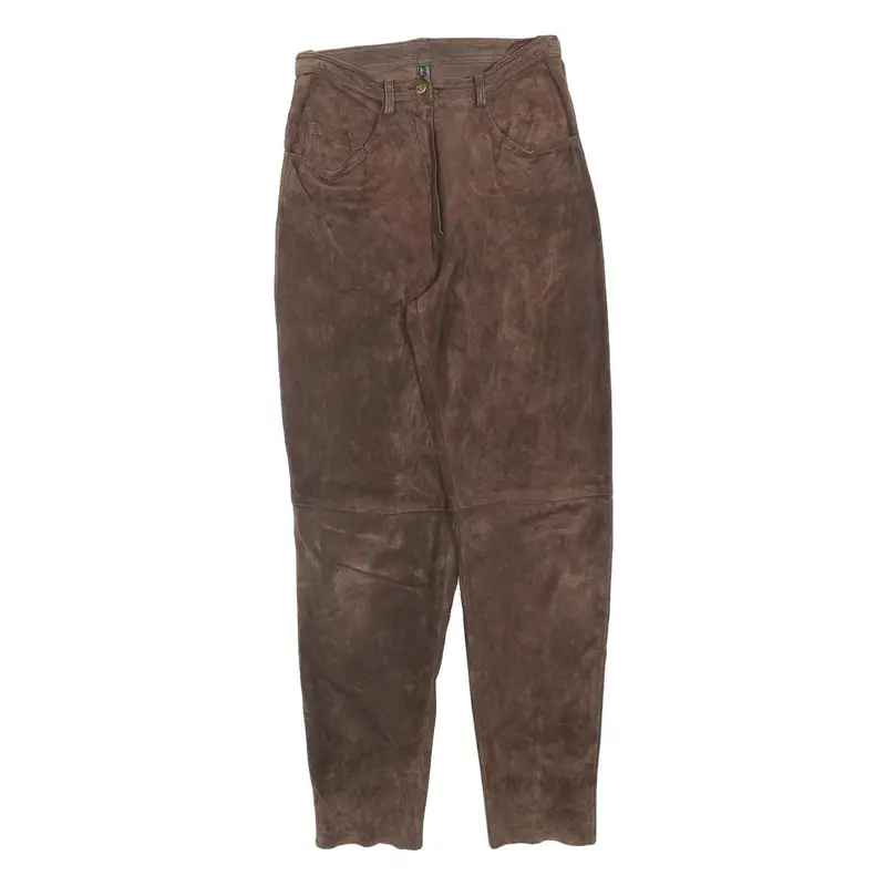 Womens Brown Leather Regular Fit Trousers W26 L30 Classic Zip Closure Stylish 1