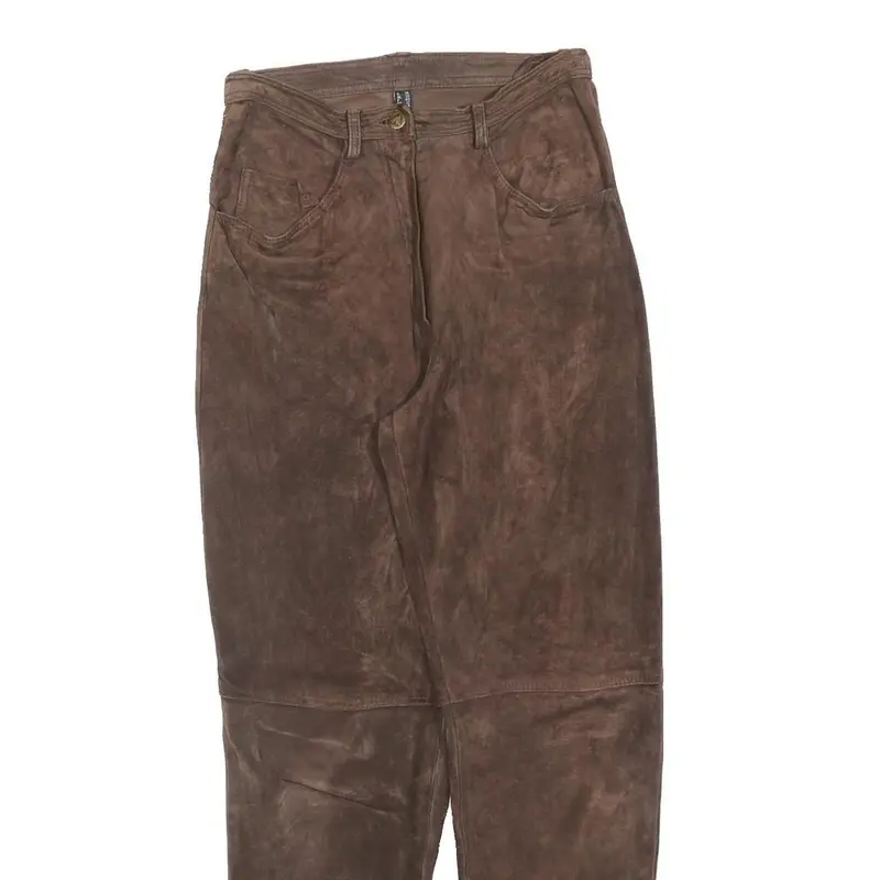 Womens Brown Leather Regular Fit Trousers W26 L30 Classic Zip Closure Stylish 2