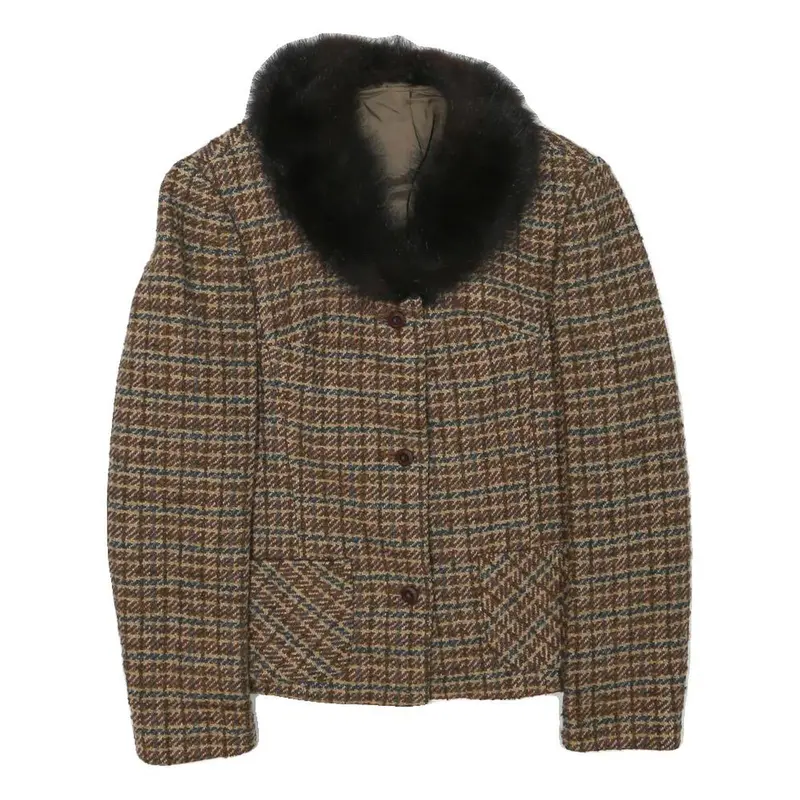 Womens Brown Wool Blend Button Jacket Xs Check Tweed Faux Fur Collar Vintage 1