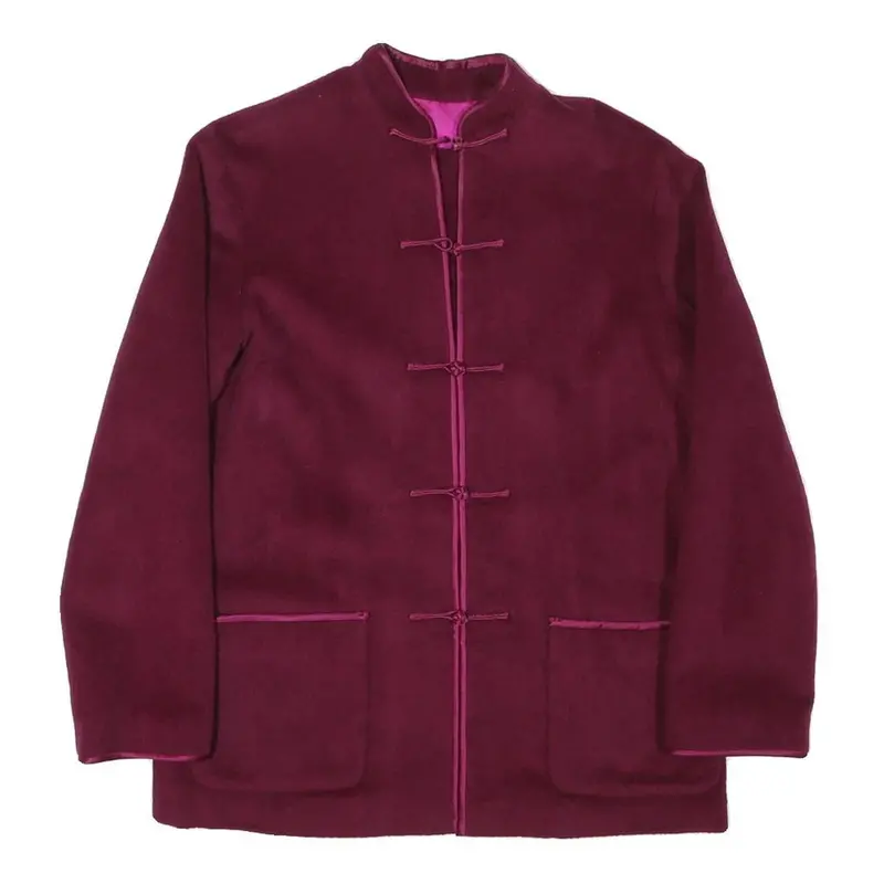 Womens Burgundy Button Jacket M Polyester Blend Plain Elegant Minimalist 1