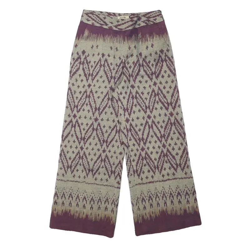 Womens Cotton Blend Beige & Purple Relaxed Wide-Leg Trousers W27 L26 Patterned 1