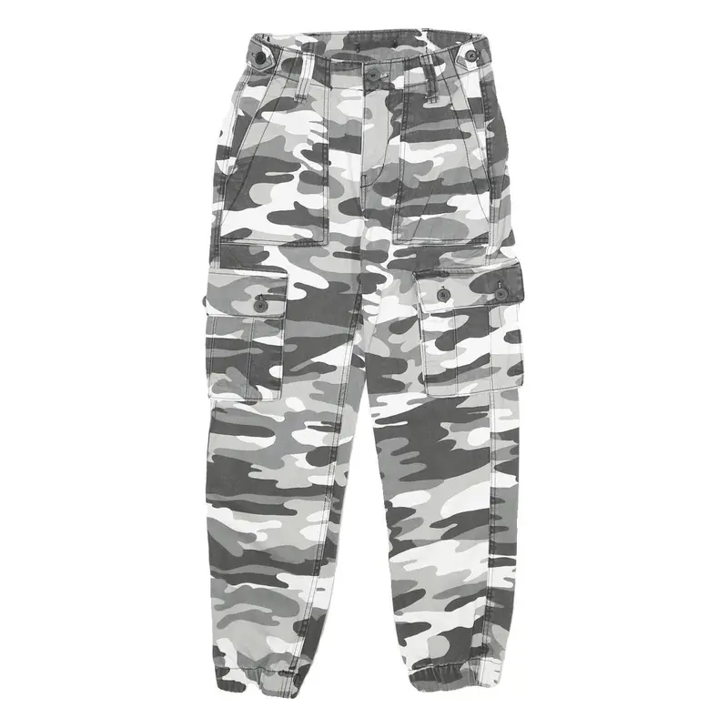 Womens Cotton Blend Grey Camouflage Regular Fit Tapered Leg Trousers W24 L25 1