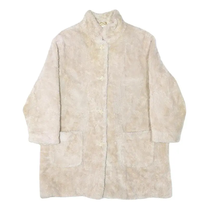 Womens Cream Button Jacket L Polyester Blend Plain Faux Fur Button Closure 1