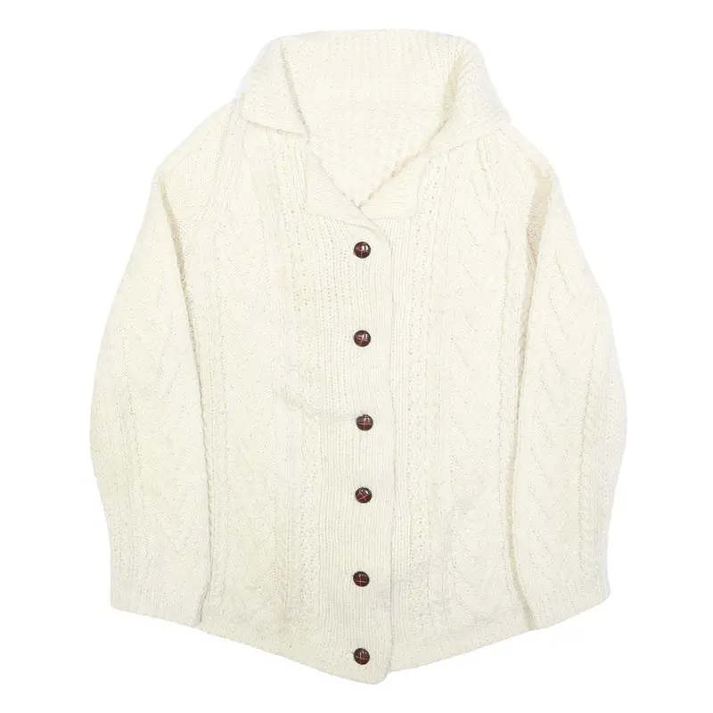 Womens Cream Chunky Knit Button Up Cable Knit Jumper L Cozy Fashion 1
