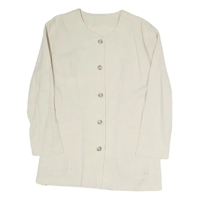 Womens Cream Cotton Blend Button Jacket L Plain Classic Stylish Lightweight 1