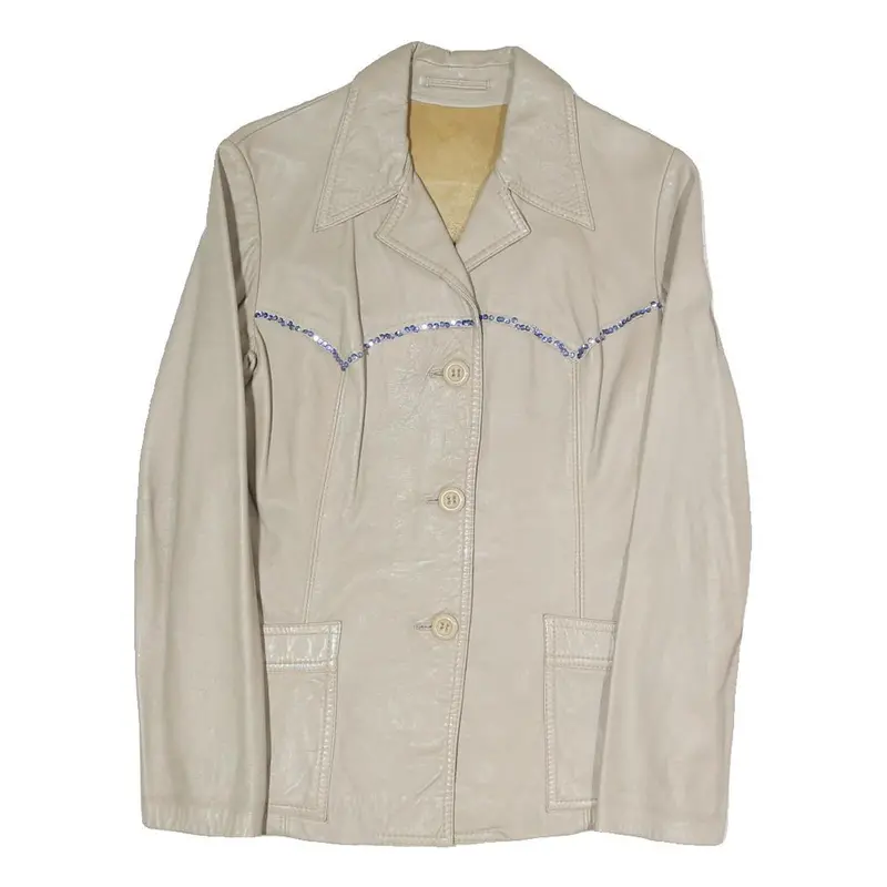 Womens Cream Leather Button Jacket M Plain Classic Fit Collar Casual 1