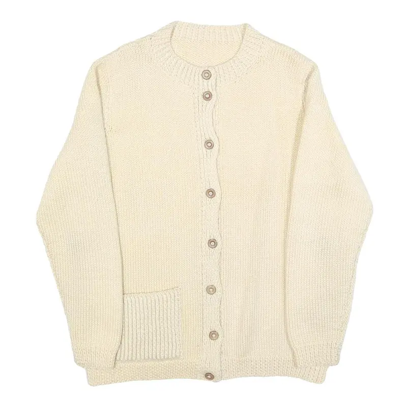 Womens Cream Plain Jumper Button Up Round Neck Basic Knit M Chunky Knit Pocket 1
