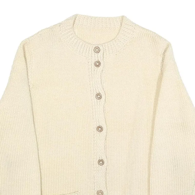 Womens Cream Plain Jumper Button Up Round Neck Basic Knit M Chunky Knit Pocket 2