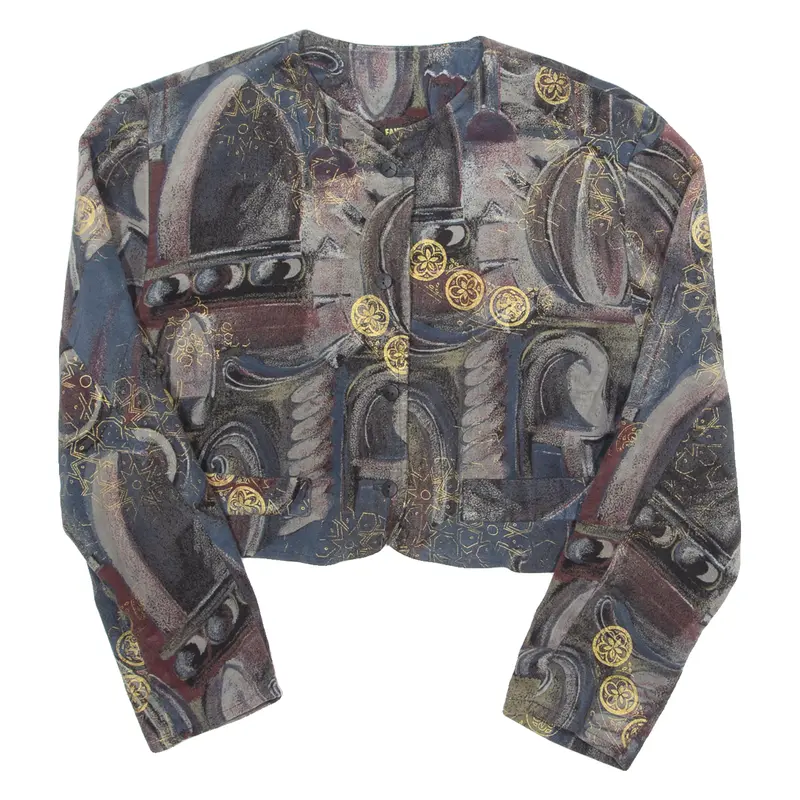 Womens Cropped Blouse Blue Long Sleeve Crazy Pattern M 1