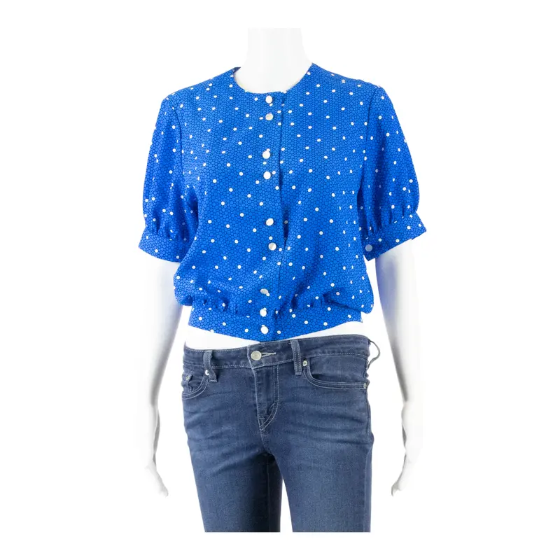 Womens Cropped Blouse Blue Puff Sleeve Spotted M 1