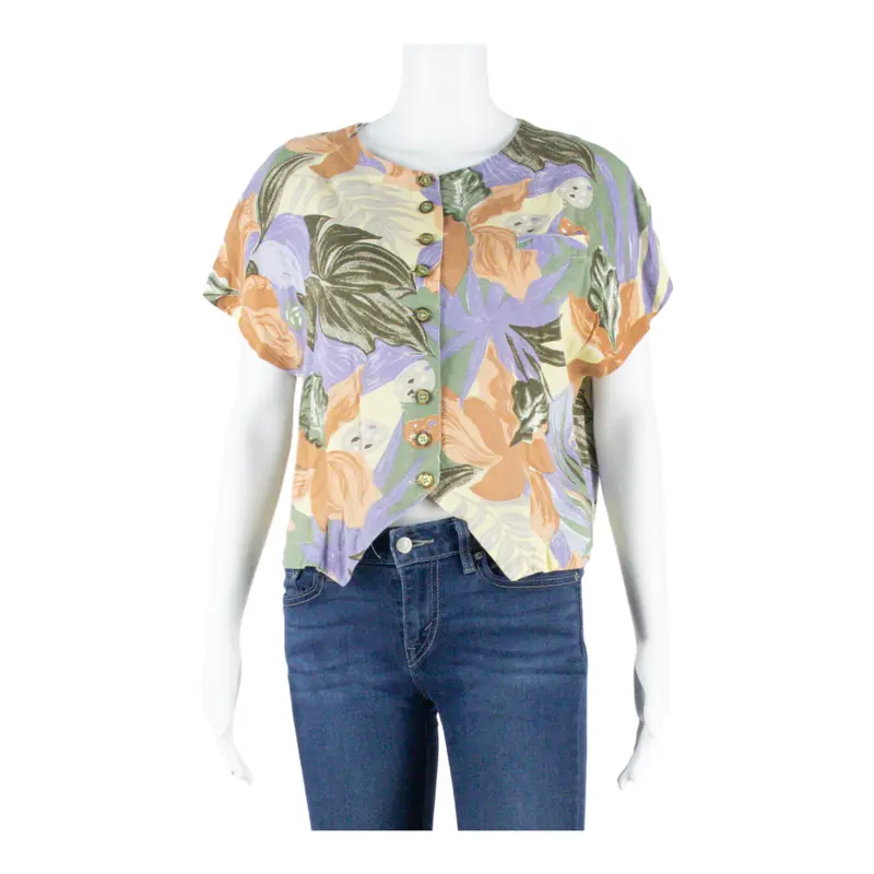 Womens Cropped Blouse Green Sleeveless Viscose Floral S 1