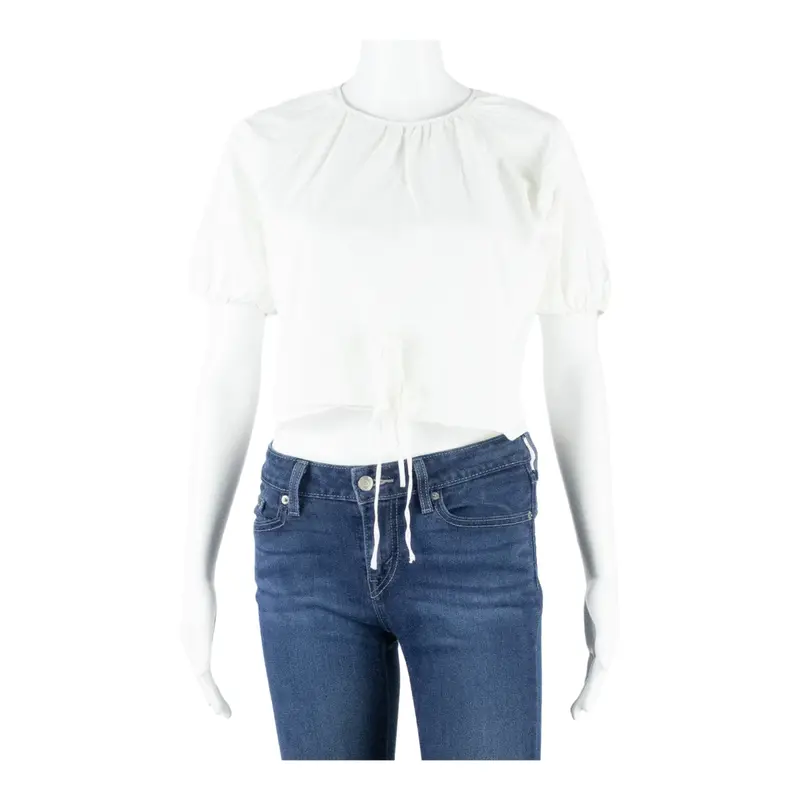 Womens Cropped Blouse White Puff Sleeve S 1