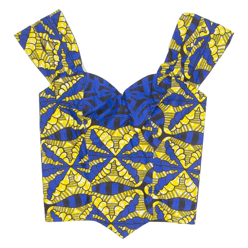Womens Cropped Top Blue V-Neck Sleeveless Crazy Pattern M 1