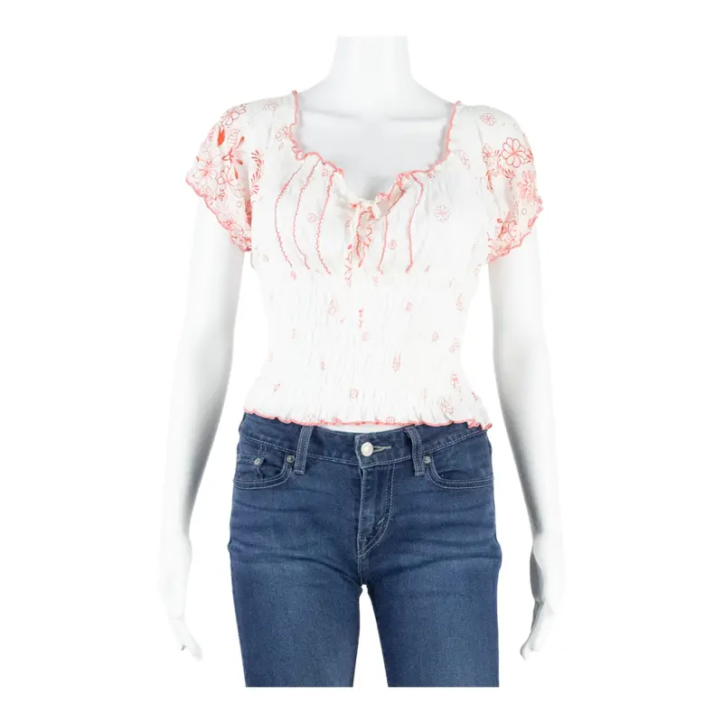 Womens Cropped Top Pink Puff Sleeve Floral L 1