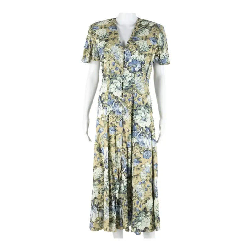 Womens Day Dress Beige Floral Short Sleeve Midi M 1
