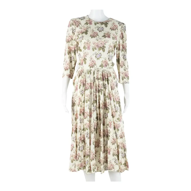 Womens Day Dress Beige Floral Short Sleeve Midi M 1