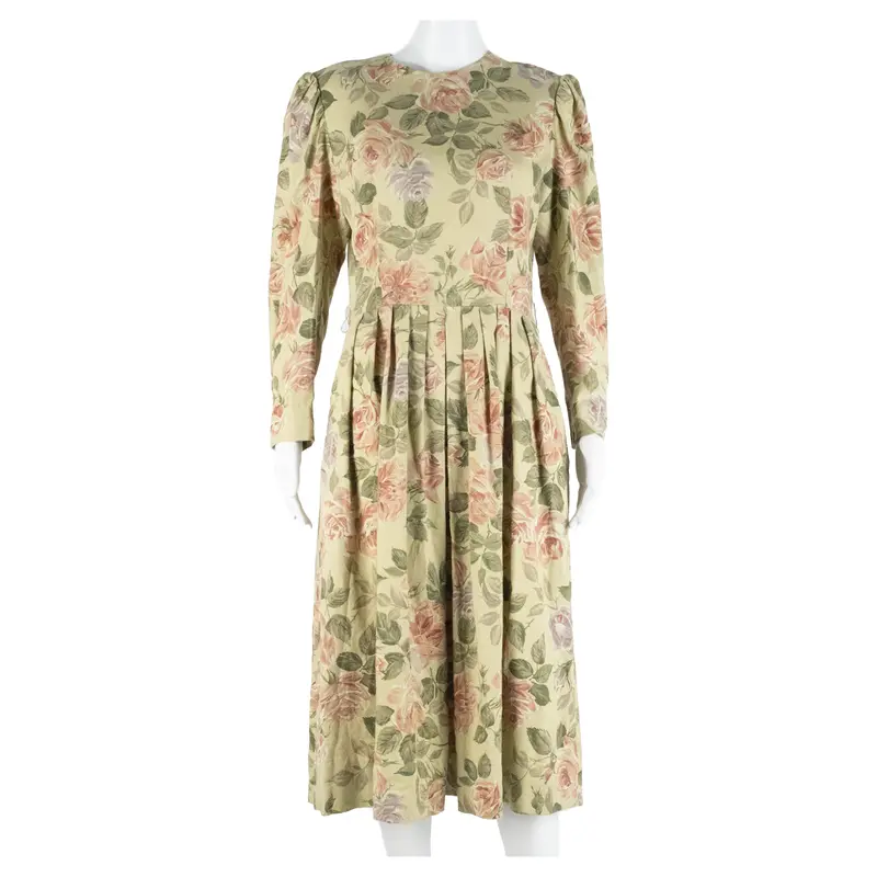 Womens Day Dress Beige Viscose Floral Long Sleeve Midi M 1