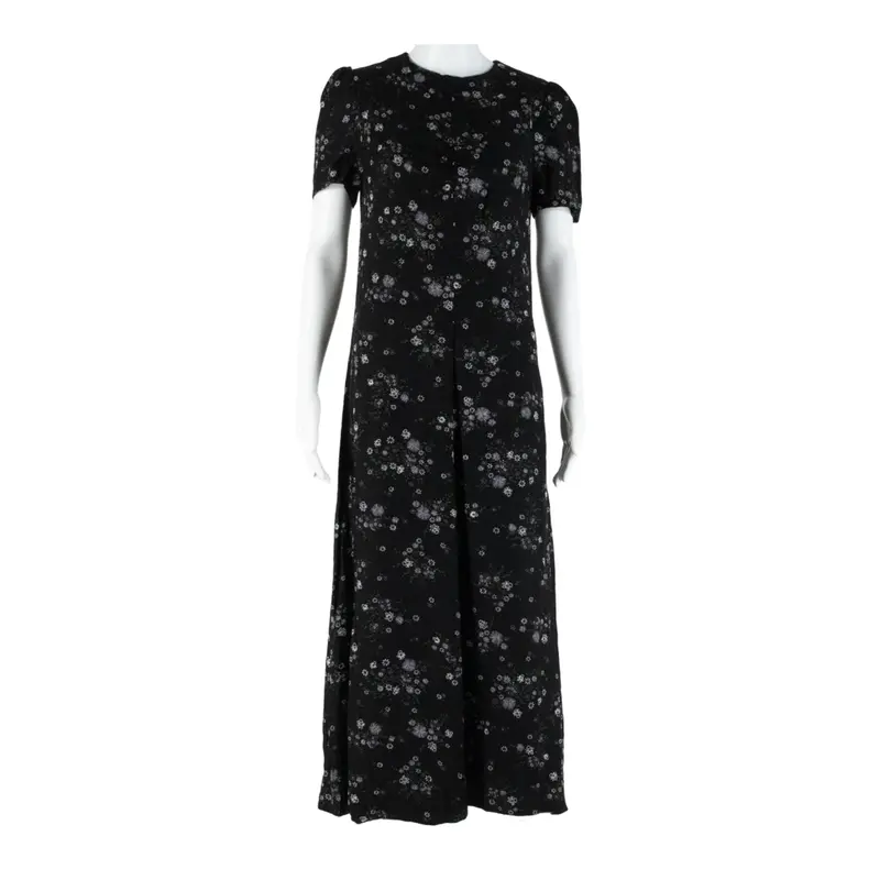 Womens Day Dress Black Floral Short Sleeve Long M 1