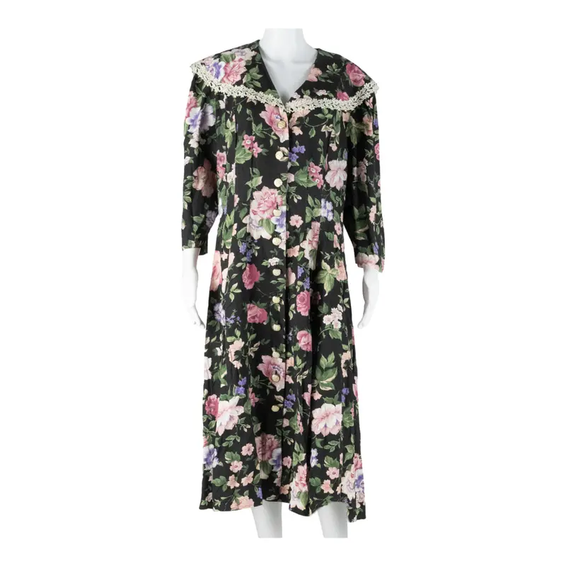 Womens Day Dress Black Floral Short Sleeve Midi Xl 1