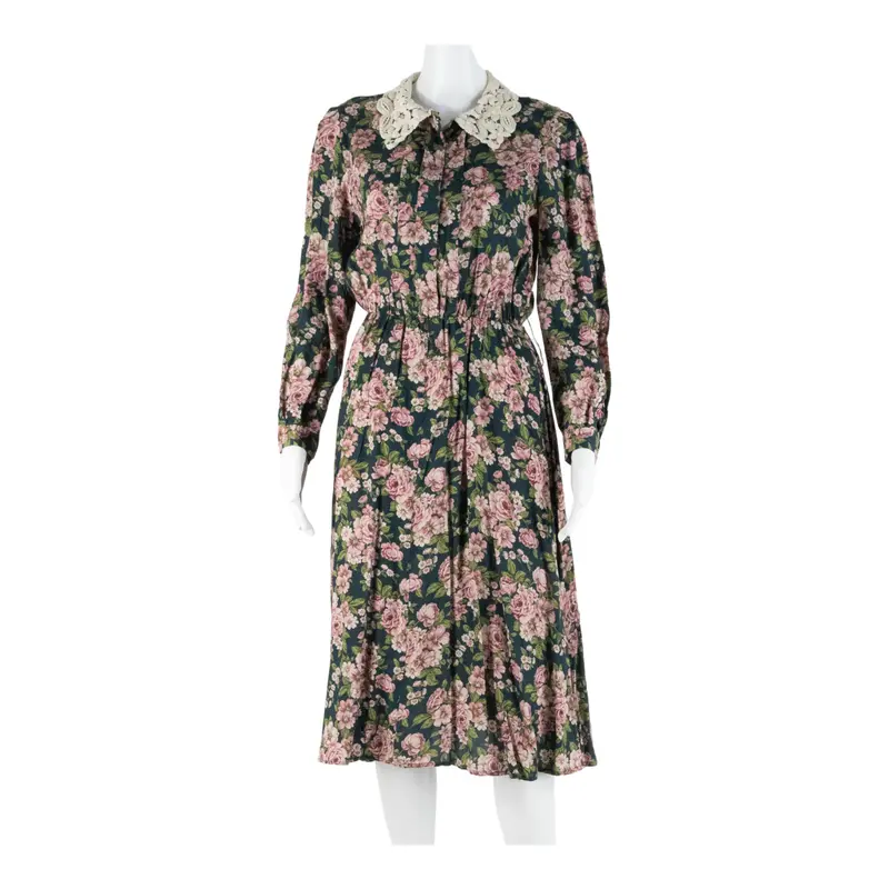 Womens Day Dress Blue Floral Long Sleeve Knee Length M 1