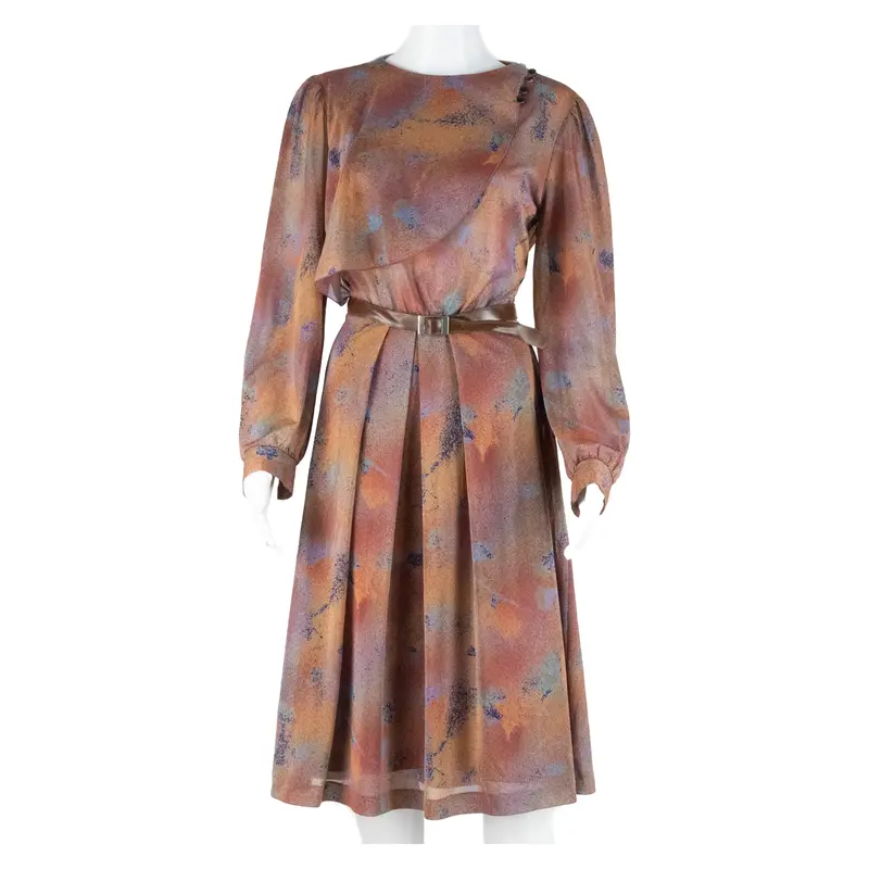 Womens Day Dress Brown Crazy Pattern Long Sleeve Knee Length S 1