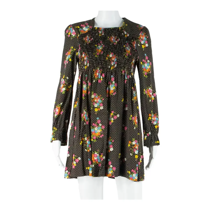 Womens Day Dress Brown Floral Long Sleeve Short M 1