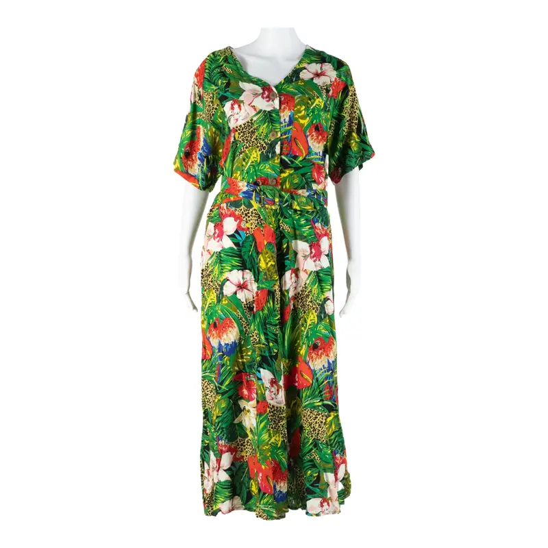 Womens Day Dress Green Floral Short Sleeve Midi L 1