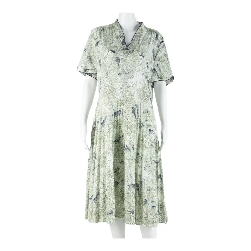 Womens Day Dress Green Spotted Short Sleeve Midi L 1