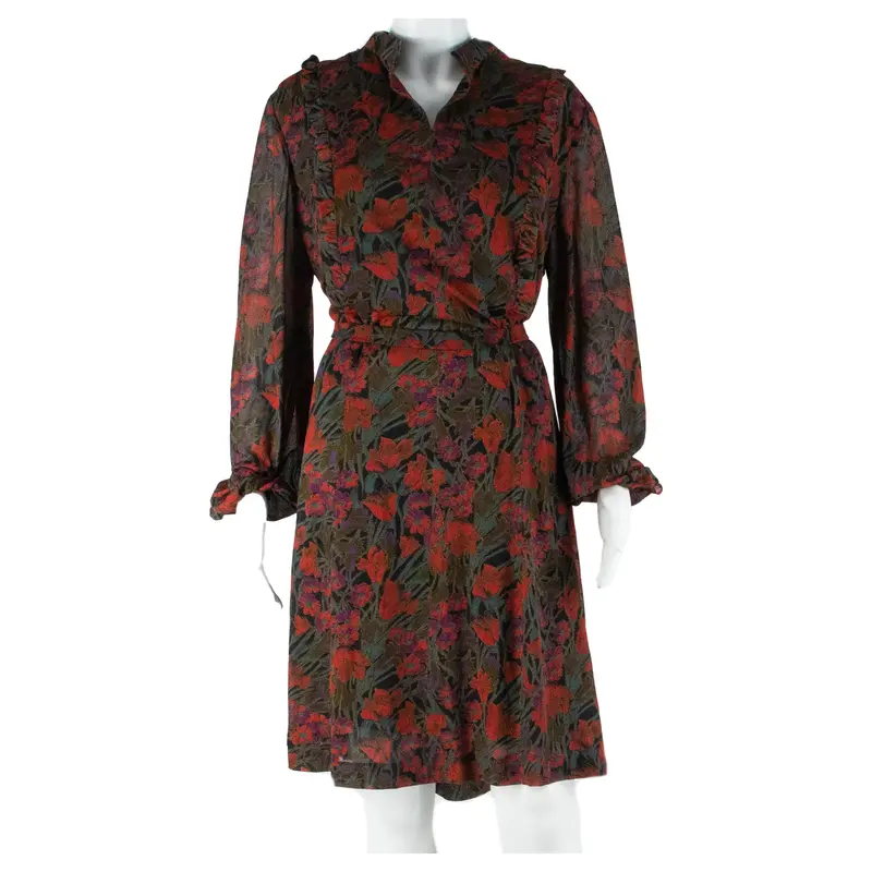 Womens Day Dress Red Floral Long Sleeve Knee Length L 1