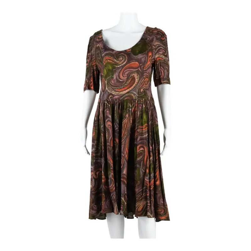 Womens Fit & Flare Dress Brown Crazy Pattern Short Sleeve Midi M 1