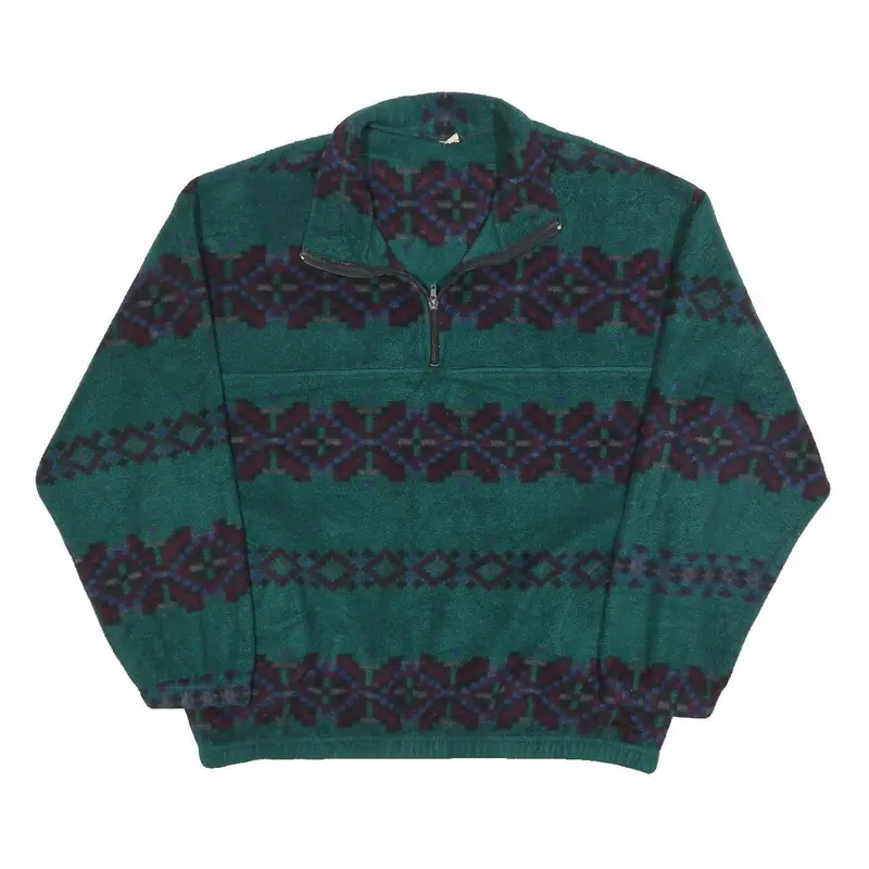 Womens Green Patterned Pullover Jumper Zip Neck Size L Polyester Cozy Casual 1